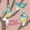 Funny Tits and bird feeder on winter tree under the snowfall. Vector Christmas card. For Christmas decoration, posters, banners,