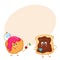 Funny toast with chocolate spread and donut characters, breakfast pastry