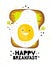 Funny toast with fried eggs and butter. Poster for children with the text happy Breakfast. Piece of bread with egg and greens.