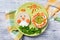 Funny toast in a shape of chick and nest with eggs, sandwich for kids Easter idea, top view