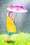 Funny toddler with umbrella playing in the rain