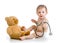 Funny toddler weared diaper with plush toy