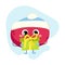 Funny tomato character in Santa Claus hat. Kawaii winter mascot gives a holiday gift. Cute cheerful vegetable. Bright illustration