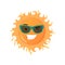 Funny toothy smiling sun in sunglasses emoji sticker isolated on white background
