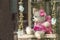 Funny toy bear on beautiful wooden teeter-totter