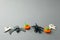 Funny toy pumpkins, ghost, bat from plasticine molded children. Scary Halloween background with open space for text. Banner.