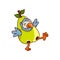 Funny tropical bird dressed in pear costume. Adorable creature with blue feathers. Cartoon vector design