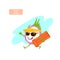 Funny tropical cartoon dragon fruit running with inflatable mattress on the beach