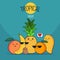 Funny tropical fruits set. Pineapple, mango, orange, kiwi, banana, grapefruit. Vector cartoon. Friends forever. Cute comic charact