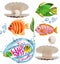 Funny Tropicals colorful fish, seaweed, corals, shell with pearl, water splash. Underwater world, Cartoon character. 3D