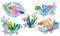 Funny Tropicals colorful fish, seaweed, corals, starfish, shell with pearl, shell, water splash. Underwater world