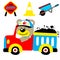 Funny truck driver cartoon with construction equipment