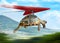 Funny turtle flying on hang-glider