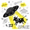 Funny ufo abduction cow space stars spaceship for cover, textile, t shirt.Hand drawn vector illustration