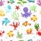 Funny underwater life with sea plants and fishes. Vector seamless pattern