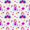 Funny unicorn cats pattern. Cute pink kitties with milkshakes. Baby Boho rainbow and sweets. Seamless print with horned