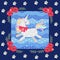 Funny unicorn gallops on a blue polka dot background. Patchwork pattern for kids. Great collection. Vector illustration