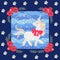 Funny unicorn with red bow on blue background with polka dots in a beautiful floral frame. Great collection. Patchwork pattern