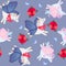 Funny unicorns with butterfly wings and little birds frolic in the sky. Seamless pattern