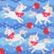 Funny unicorns with red bows and big strawberry berries on a blue polka dot background. Seamless print for fabric. Vector