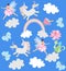 Funny unicorns, winged fairies, teapot with flowers, cup of tea, rainbow, clouds and butterflies on sky blue background in vector