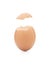 Funny upright broken eggshell against white