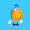 Funny upset bitcoin character, crypto currency emoticon vector Illustration on a sky blue background