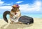 Funny vacationist, animal chipmunk with suitcase at beach