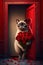 Funny Valentines card. Cute cat holding red roses flower