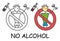 Funny vector alcoholic stick man with a alcohol drink in doodle style. No alcohol no drink sign red prohibition. Stop addiction.