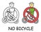 Funny vector bicyclist stick man with a bicycle in children`s style. No bike no transport sign red prohibition. Stop symbol.