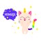 Funny vector cartoon illustration. Kitten Unicorn. Magic doodle cat. Template for print, design