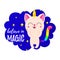 Funny vector cartoon illustration. Kitten Unicorn. Magic doodle cat. Template for print, design