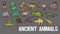 Funny vector cute ancient animal  icon set. Ice age stickers. Dinosaur web element characters.