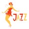 Funny vector dancing woman. Cute jazz card.