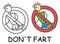Funny vector farting smelly stick man in children`s style. Don`t fart sign red prohibition. Stop symbol. Prohibition icon.