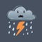 Funny vector icon of angry dark raining striking thundercloud.
