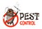 Funny vector illustration of pest control logo for fumigation business. Comic locked cockroach surrenders. Design for print.