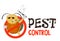 Funny vector illustration of pest control logo for fumigation business. Comic locked colorado potato beetle surrenders.