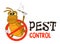 Funny vector illustration of pest control logo for fumigation business. Comic locked flea. Design for print, emblem, t-shirt.