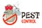Funny vector illustration of pest control logo for fumigation business. Comic locked fly surrenders. Design for print, emblem.