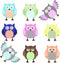 Funny vector owls with multi-colored, bright colors and multi-colored eyes.