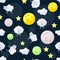 Funny vector pattern background with clouds, stars, bright plane
