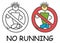 Funny vector runner stick man in children`s style. No run sign red prohibition. Stop symbol. Prohibition icon sticker.