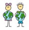 Funny vector stick boy and girl Hugging Earth in children`s style. Happy Earth Day, World Environment Day, Save the earth.