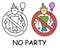 Funny vector stick man with a balloon and funny hat in children`s style. No party no event sign red prohibition. Stop symbol