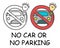 Funny vector stick man with a car in children`s style. No auto no parking sign red prohibition. Stop symbol. Prohibition icon.