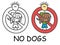 Funny vector stick man with a dog in children`s style. No pets no animals sign red prohibition. Stop symbol. Prohibition icon.