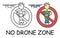 Funny vector stick man with a drone in children`s style. No quadcopter no drone zone sign red prohibition. Stop symbol.