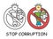 Funny vector stick man with an envelope of money in children`s style. No corruption no tax evasion red prohibition. Stop symbol.